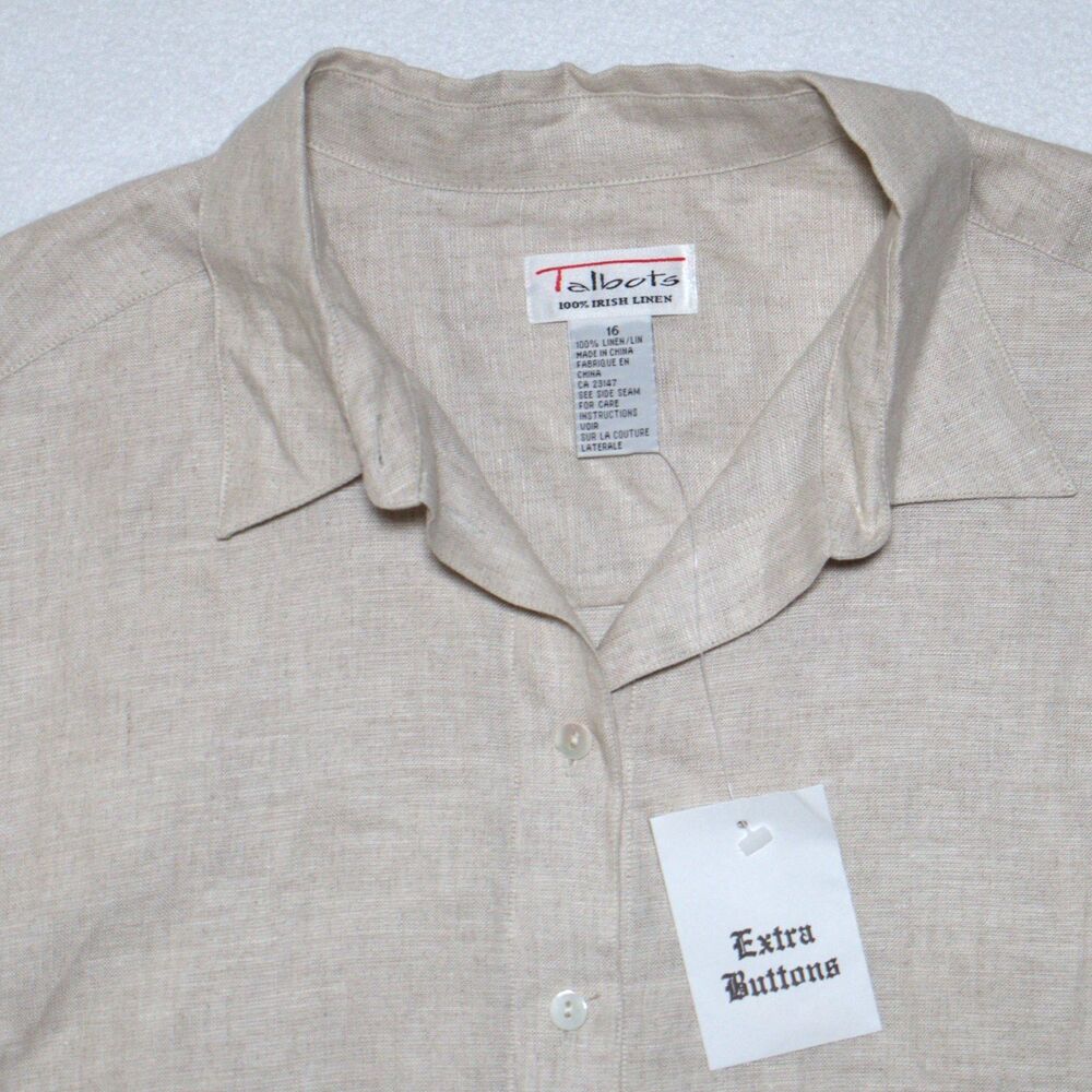 Talbots Irish Linen Women’s Top Shirt Blouse Tan Collared Long Sleeve Sz 16 NWT - Picture 3 of 6